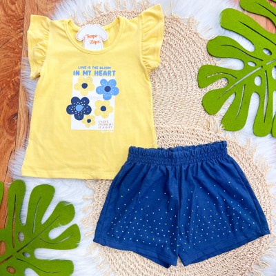 Conj. Blusa Love is the Bloom e Short com Strass - Amarelo e Marinho